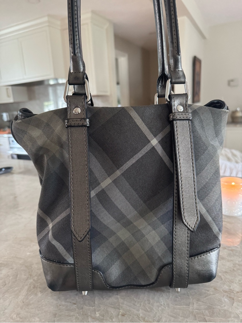Vintage Burberry Nova Check Haymarket Tote Gray Bag Metallic Leather Trim - Picture 2 of 14